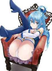 1girl absurdres anno_masato aqua_(konosuba) ass bare_shoulders blue_eyes blue_footwear blue_hair blue_shirt boots breasts chair closed_mouth commentary detached_sleeves hair_between_eyes hair_ornament hair_rings high_heel_boots high_heels highres knees_to_chest kono_subarashii_sekai_ni_shukufuku_wo! legs_up long_hair looking_at_viewer on_chair panties shirt skirt sleeveless sleeveless_shirt smile solo thigh_boots thighhighs thighhighs_under_boots thighs underwear white_panties