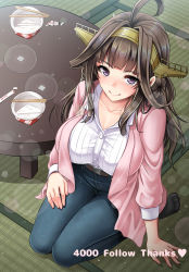 Rule 34 | 10s, 1girl, after meal, ahoge, alternate costume, belt, breasts, brown hair, casual, chopsticks, collarbone, denim, double bun, fast food, from above, hair bun, hairband, headgear, heart, highres, jacket, jeans, kantai collection, kongou (kancolle), kongou kai ni (kancolle), large breasts, lens flare, lens flare abuse, lid, light particles, long hair, looking at viewer, milestone celebration, no shoes, packet, pants, pink jacket, pinstripe pattern, purple eyes, seiza, shirt, sitting, solo, striped, table, tatami, taut clothes, taut shirt, thank you, thighs, youshuu