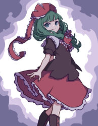 Rule 34 | 1girl, absurdres, boots, bow, brown dress, brown footwear, closed mouth, cross-laced footwear, dress, feet out of frame, front ponytail, green eyes, green hair, hair bow, hair ribbon, highres, kagiyama hina, kame (kamepan44231), knee boots, lace-up boots, long hair, one-hour drawing challenge, puffy short sleeves, puffy sleeves, red bow, red dress, red ribbon, ribbon, short sleeves, smile, solo, touhou