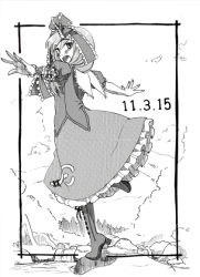 Rule 34 | 1girl, arm ribbon, balancing, boots, border, bow, cross-laced footwear, dated, dress, female focus, frills, hair bow, hair ornament, hair ribbon, kagiyama hina, lace-up boots, looking at viewer, looking back, monochrome, open mouth, outstretched arms, ribbon, short sleeves, smile, solo, standing, standing on one leg, takuzui, touhou