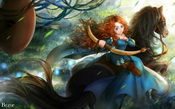 Rule 34 | 1girl, arrow (projectile), blue eyes, bow (weapon), brave (disney), copyright name, curly hair, day, dkaki, dress, from above, glowing, highres, holding, holding bow (weapon), holding weapon, horse, long hair, merida (brave), motion blur, plant, red hair, very long hair, weapon