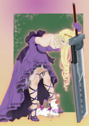 Rule 34 | 1990s (style), alternate costume, artist request, bent over, blonde hair, blue eyes, breast padding, buster sword, cloud strife, crossdressing, dress, drill hair, final fantasy, final fantasy vii, flower, frown, gloves, high heels, highres, jewelry, long hair, moogle, necklace, retro artstyle, shoes, sword, tiara, trap, wall market, weapon