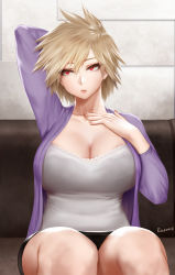 Rule 34 | 1girl, arm behind head, bakugou mitsuki, blonde hair, blouse, boku no hero academia, breasts, cleavage, couch, easonx, hand on own chest, highres, huge breasts, indoors, lips, mature female, mature female, red eyes, shirt, short hair, sitting, solo, spiked hair, tsurime, white shirt