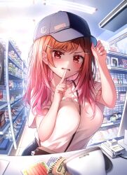 Rule 34 | 1girl, artist request, bag, baseball cap, blush, breasts, candy, embarrassed, finger to mouth, food, gradient background, handbag, hat, hololive, hololive dev is, ichijou ririka, large breasts, long hair, nails, open mouth, orange hair, red eyes, shirt, shushing, store, virtual youtuber, white shirt