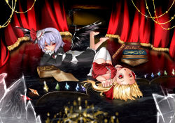Rule 34 | 2girls, absurdres, alternate costume, bare shoulders, black dress, blonde hair, colored eyelashes, dress, elbow rest, flandre scarlet, hairband, highres, light purple hair, looking at viewer, lying, multiple girls, niku tsutsumi k, on back, on stomach, pointy ears, red dress, remilia scarlet, short hair, smile, touhou