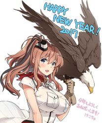 Rule 34 | 10s, 1girl, 2017, anchor, belt, bird, blouse, blue eyes, breast pocket, breasts, brown hair, chinese zodiac, dress, eagle, gloves, hair between eyes, happy new year, impossible clothes, kantai collection, kekocha, large breasts, long hair, looking at viewer, neckerchief, new year, open mouth, pocket, ponytail, red belt, red neckerchief, saratoga (kancolle), shirt, side ponytail, simple background, single glove, smokestack, solo, translated, upper body, white background, white dress, white shirt, wind, wind lift, year of the rooster