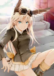 Rule 34 | 1girl, akatsuki hijiri, animal ears, blonde hair, blue eyes, goggles, goggles on head, hanna-justina marseille, head wings, long hair, looking at viewer, military, military uniform, skirt, smile, socks, solo, strike witches, uniform, wings, witches of africa, world witches series