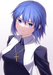 Rule 34 | 1girl, absurdres, blue eyes, blue hair, breasts, ciel (tsukihime), closed mouth, cross, gradient background, highres, jewelry, ka ki o, large breasts, looking at viewer, pendant, short hair, smile, solo, tsukihime, upper body, white background
