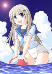 Rule 34 | 1girl, absurdres, ball, bat (animal), beachball, blonde hair, blue eyes, blush, cloud, day, female focus, hair ornament, hairclip, happy, highres, leaning forward, lens flare, little busters!, long hair, luckluck, no pants, noumi kudryavka, one-piece swimsuit, outdoors, school swimsuit, school uniform, serafuku, silver hair, sky, solo, submerged, sun, swimsuit, swimsuit under clothes, wading, water, white one-piece swimsuit, white school swimsuit