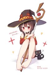 1girl 1other :3 ? absurdres bare_shoulders barefoot blush brown_hair cat chinese_commentary choker chomusuke collar collarbone dress feet full_body hat highres holding holding_staff kizuna_sora kono_subarashii_sekai_ni_shukufuku_wo! looking_at_viewer megumin off-shoulder_dress off_shoulder red_dress red_eyes shadow short_hair short_hair_with_long_locks simple_background sitting solo staff toes white_background witch_hat