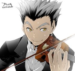 Rule 34 | 1boy, black hair, black jacket, bokuto koutarou, bow, bowtie, closed mouth, collar, collared jacket, collared shirt, cupi, formal, green hair, haikyuu!!, holding, holding instrument, holding violin, instrument, jacket, looking to the side, male focus, multicolored hair, music, playing instrument, shirt, short hair, simple background, smile, solo, spiked hair, suit, sweatdrop, two-tone hair, upper body, violin, white background, white bow, white bowtie, white shirt, yellow eyes