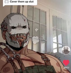 Rule 34 | 1boy, bara, blood, breath, cover them up slut (meme), dark-skinned male, dark skin, dead by daylight, highres, large pectorals, looking at viewer, male focus, mask, mature male, meme, muscular, muscular male, nipples, noah asai, nude, original, overalls, pectoral focus, pectorals, sharp teeth, short hair, sideburns, sidepec, skull mask, solo, teeth, the trapper (dead by daylight), tiktok, upper body