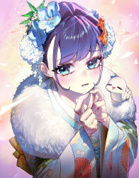 Rule 34 | 1girl, absurdres, blue eyes, boros (ouro kronii), floral print, flower, ghdwid, hair flower, hair ornament, highres, hololive, hololive english, japanese clothes, kimono, light blush, looking at viewer, ouro kronii, ouro kronii (new year), purple hair, solo, upper body, virtual youtuber, wavy mouth, yukata