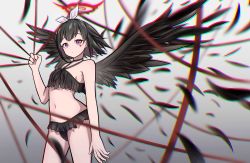 Rule 34 | 1girl, absurdres, angel wings, bikini, black bikini, black hair, black wings, blue archive, bow, chromatic aberration, closed mouth, facial mark, falling feathers, feathered wings, feathers, frilled bikini, frills, halo, heart, highres, holding, ji-rex, looking at viewer, mashiro (blue archive), mashiro (swimsuit) (blue archive), purple eyes, short hair, simple background, solo, string, swimsuit, white bow, wind, winged halo, wings