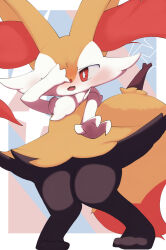 Rule 34 | 1girl, animal ear fluff, animal ears, animal nose, arm up, black fur, blush, body fur, border, braixen, bright pupils, covering face, creatures (company), embarrassed, fang, female focus, flat chest, fox ears, fox girl, fox tail, full body, furry, furry female, game freak, gen 6 pokemon, hand on own face, highres, knees together feet apart, looking at viewer, multicolored fur, neck fur, nintendo, nose blush, open mouth, outside border, outstretched arm, pigeon-toed, pokemon, pokemon (creature), red eyes, sakuyan (sakuyan1007), shy, solo, standing, stick, striped background, tail, thick thighs, thighs, white border, white fur, white pupils, wide hips, yellow fur
