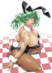 Rule 34 | 1girl, animal ears, arm support, ass, bare legs, bare shoulders, black leotard, breasts, cleavage, covered erect nipples, dark-skinned female, dark skin, detached collar, earrings, fake animal ears, fake tail, fingernails, full body, green eyes, green hair, grin, highleg, highleg leotard, highres, huge ass, huge breasts, ikkitousen, jewelry, kneeling, leotard, long hair, looking at viewer, looking to the side, magatama, magatama hair ornament, nomugicha, playboy bunny, rabbit ears, rabbit tail, ryofu housen, shiny skin, simple background, smile, solo, tail, thong leotard, twintails, wide hips