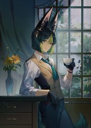 Rule 34 | 1boy, absurdres, animal ears, black gloves, black hair, black pants, brown vest, collared shirt, cup, curtains, drawer, flower, fox boy, fox ears, fox tail, genshin impact, gloves, green eyes, green necktie, highres, holding, holding cup, light green hair, looking at viewer, m&amp;g stationery, male focus, multicolored hair, necktie, pants, shirt, short hair, solo, tail, teacup, tighnari (genshin impact), tighnari (m&amp;g) (genshin impact), vest, white shirt, window, yandee233, yellow flower