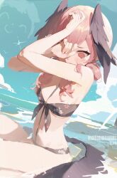 Rule 34 | 1girl, @ @, beach, bikini, black bikini, black wings, blue archive, blue sky, blush, breasts, cloud, covering face, dated, day, feathered wings, floral print, front-tie bikini top, front-tie top, hair over shoulder, halo, hands up, head wings, highres, ifiamif51311, koharu (blue archive), koharu (swimsuit) (blue archive), long hair, low twintails, low wings, navel, ocean, official alternate costume, outdoors, pink eyes, pink hair, print bikini, sitting, sky, small breasts, solo, swimsuit, twintails, water, wings