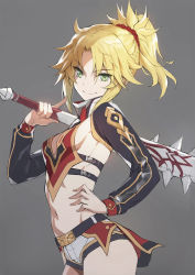 Rule 34 | 1girl, alternate costume, alternate weapon, belt, blonde hair, braid, breasts, cleavage cutout, clothing cutout, club (weapon), cowboy shot, detached sleeves, fate/apocrypha, fate/grand order, fate (series), green eyes, grey background, hand on own hip, highres, index finger raised, long sleeves, midriff, mordred (fate), mordred (fate/apocrypha), navel, over shoulder, ponytail, revision, short shorts, shorts, sideboob, small breasts, smile, solo, spiked club, toned, tonee, weapon, weapon over shoulder