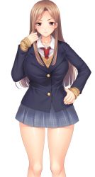 Rule 34 | 1girl, adjusting hair, blonde hair, blush, breasts, brown eyes, earrings, hand on own hip, happy, jewelry, large breasts, legs, long hair, looking at viewer, maumen, necktie, school uniform, simple background, skirt, smile, solo, standing, thighs, white background, wide hips