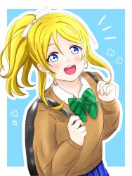 Rule 34 | 1girl, artist name, artist request, ayase eli, backpack, bag, blonde hair, blue eyes, blue skirt, blush, bow, bowtie, breasts, brown jacket, checkered clothes, checkered skirt, collared shirt, female focus, floating hair, green bow, hair between eyes, hair bow, hair ornament, hair scrunchie, heart, heart (symbol), high ponytail, highres, jacket, long hair, long sleeves, looking at viewer, love live!, love live! school idol project, miniskirt, otonokizaka school uniform, parted lips, plaid, plaid skirt, pleated, pleated skirt, ponytail, school uniform, scrunchie, shirt, short hair, short sleeves, skirt, smile, solo, striped, striped bow, white bow, white scrunchie, white shirt