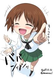 Rule 34 | 10s, 1girl, absurdres, black neckerchief, black socks, blouse, brown footwear, brown hair, commentary request, dated, facing viewer, foreshortening, full body, girls und panzer, green skirt, highres, laughing, loafers, long sleeves, miniskirt, motion blur, motion lines, neckerchief, one-hour drawing challenge, ooarai school uniform, open mouth, patting, pleated skirt, pointing, pointing at viewer, sakaguchi karina, school uniform, serafuku, shiina excel, shirt, shoes, short hair, skirt, smile, socks, solo, standing, tearing up, twitter username, white background, white shirt