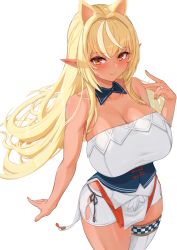 Rule 34 | 1girl, :&gt;, animal ears, bare shoulders, blonde hair, blush, breasts, cat ears, checkered clothes, checkered legwear, cleavage, closed mouth, collarbone, commentary, cream cod, dark-skinned female, dark elf, dark skin, detached collar, dress, elf, glint, highres, hololive, huge breasts, jewelry, long hair, looking at viewer, multicolored hair, nail polish, orange eyes, orange nails, pointy ears, ring, shiranui flare, shiranui flare (old design), short shorts, shorts, sidelocks, simple background, single thighhigh, smile, solo, streaked hair, symbol-only commentary, thighhighs, virtual youtuber, wedding band, white background, white thighhighs