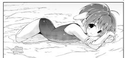 Rule 34 | 00s, 1girl, animal ears, antenna hair, crossed arms, galaxy angel, greyscale, hamao, light smile, lying, mint blancmanche, monochrome, on side, partially submerged, short hair, smile, solo, starfish, water