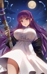 Rule 34 | 1girl, black coat, blunt bangs, blush, breasts, cloud, coat, dress, fern (sousou no frieren), foxyreine, full moon, highres, large breasts, long hair, long sleeves, looking at viewer, moon, night, night sky, off shoulder, open clothes, open coat, parted lips, purple eyes, purple hair, sidelocks, sky, solo, sousou no frieren, staff, thighs, white dress