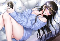 Rule 34 | 1girl, abe hikaru, alcohol, ass, black hair, blue nails, blue sweater, blue tank top, blush, breasts, buttons, can, cleavage, couch, dress, drink can, highres, hikaru (gevp7588), holding, knees together feet apart, large breasts, long hair, lying, nail polish, off-shoulder sweater, off shoulder, open mouth, original, pillow, purple eyes, sidelocks, soda can, solo, sweater, sweater dress, tank top, teeth, thighs, upper teeth only