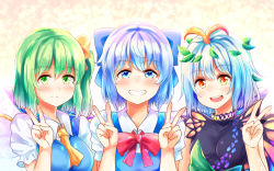 Rule 34 | 3girls, :d, antennae, ascot, between breasts, blue bow, blue eyes, blue hair, blush, bow, breasts, brown eyes, butterfly wings, cirno, closed mouth, commentary request, daiyousei, double v, eternity larva, fairy wings, green eyes, green hair, hair between eyes, hair bow, insect wings, leaf, leaf on head, looking at viewer, medium breasts, multiple girls, nagomian, one side up, open mouth, red bow, short hair, short sleeves, smile, touhou, upper body, v, wings, yellow bow