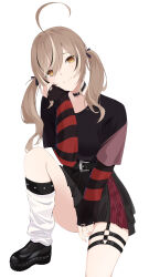 Rule 34 | absurdres, ahoge, belt, black belt, black choker, black hair, black ribbon, black shirt, black skirt, black sweater, brown hair, choker, hair between eyes, hair ribbon, heart, heart ahoge, highres, hololive, hololive english, lace-trimmed choker, lace trim, long hair, looking at viewer, multicolored hair, nanashi mumei, nanashi mumei (emo), o-ring strap, official alternate costume, official alternate hairstyle, plaid, plaid skirt, pleated skirt, red skirt, red sweater, ribbon, shirt, shirt tucked in, short hair, simple background, sitting, skirt, smile, striped clothes, striped sweater, sweater, sweater under shirt, thigh strap, torn clothes, torn sweater, twintails, two-tone sweater, unoimy, virtual youtuber, white background, white hair, white leg warmers, yellow eyes