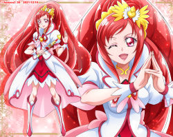 Rule 34 | 1girl, boots, brooch, closed mouth, commentary, cure ace, dated, dokidoki! precure, dress, eyeliner, frilled cuffs, hair ornament, hanzou, heart, heart brooch, heart hair ornament, highres, holding, holding wand, jewelry, knee boots, lips, long hair, looking at viewer, madoka aguri, magical girl, makeup, medium dress, miniskirt, multiple views, neck ring, one eye closed, open mouth, own hands together, precure, puffy short sleeves, puffy sleeves, red eyes, red hair, red skirt, redrawn, short sleeves, skirt, smile, standing, twitter username, wand, white dress, white footwear