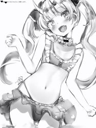 Rule 34 | 1girl, :d, bad id, bad pixiv id, bikini, bikini skirt, cameltoe, contrapposto, cowboy shot, flat chest, frilled bikini, frills, greyscale, hand up, head tilt, high-waist bikini, highleg, highleg bikini, highres, hololive, horns, long hair, looking at viewer, monochrome, nakiri ayame, nakiri ayame (hololive summer 2019), nanashi (nlo), navel, open mouth, simple background, skin-covered horns, smile, solo, swimsuit, twintails, virtual youtuber