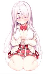 Rule 34 | 1girl, blush, bow, bowtie, breasts, brown cardigan, cardigan, cleavage, closed mouth, collared shirt, commentary request, dress shirt, full body, hair between eyes, hair ornament, hairclip, head tilt, highres, hisagi (puchimaple), kneehighs, large breasts, long hair, long sleeves, nijisanji, no shoes, open cardigan, open clothes, open shirt, pink eyes, pink hair, plaid, plaid skirt, pleated skirt, red bow, red bowtie, red skirt, shiina yuika, shiina yuika (1st costume), shirt, simple background, sitting, skirt, sleeves past wrists, smile, socks, solo, very long hair, virtual youtuber, wariza, white background, white shirt, white socks