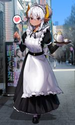 Rule 34 | 1girl, absurdres, apron, bell, black footwear, brooch, closed mouth, cup, eungi, frilled hairband, frills, hairband, highres, holding, holding bell, holding plate, horns, jewelry, long sleeves, looking at viewer, maid, maid apron, original, photo background, plate, pointy ears, puffy sleeves, purple eyes, solo, standing, teacup, teapot, white hair, yellow horns