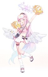 Rule 34 | 1girl, absurdres, angel wings, armpits, black scrunchie, blue archive, blush, breasts, cheering, cheerleader, crescent, crescent pin, feathered wings, full body, hair ornament, hair scrunchie, halo, hat, highres, holding, holding pom poms, long hair, loose socks, medium breasts, mika (blue archive), misyune, navel, open mouth, pink eyes, pink footwear, pink halo, pleated skirt, pom pom (cheerleading), pom poms, ponytail, scrunchie, shoes, simple background, skirt, smile, socks, solo, white background, white hat, white skirt, white socks, white wings, wings, x hair ornament, yellow eyes