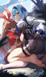Rule 34 | absurdres, amber (genshin impact), ass, ass focus, barefoot, blue eyes, blue sky, blush, grabbing another&#039;s breast, breasts, brown hair, eula (genshin impact), feet, genshin impact, grabbing, hair between eyes, highres, jingshan, large breasts, looking at viewer, outdoors, sky, soles, thigh strap, thighs, toes, yuri