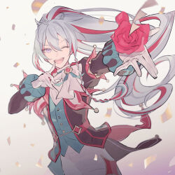 Rule 34 | 1boy, ;d, aqua vest, ascot, bishounen, black jacket, braided sidelock, brooch, coattails, confetti, cowboy shot, double-parted bangs, dress shirt, ensemble stars!, eye brooch, finger to mouth, flower, foreshortening, gloves, gradient background, grey hair, hair between eyes, happy, hibiki wataru, holding, holding flower, jacket, jewelry, legs together, long hair, male focus, multicolored hair, official alternate costume, official alternate hair color, one eye closed, open clothes, open hand, open jacket, open mouth, outstretched arm, pants, ponytail, purple eyes, red flower, red hair, red rose, red trim, rice (rice8p), rose, shirt, smile, solo, standing, streaked hair, sweater guard, teeth, turtleneck, upper teeth only, very long hair, white ascot, white background, white gloves, white pants, white shirt, wrist ruff