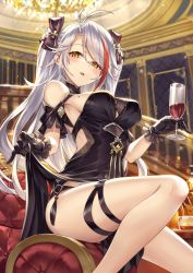 Rule 34 | 1girl, alcohol, alternate costume, antenna hair, azur lane, bare shoulders, black dress, black gloves, blurry, blurry background, blush, bottle, bow, breasts, clothes between thighs, clothes lift, commentary request, cup, dress, dress lift, drinking glass, gloves, hair between eyes, hair bow, head tilt, highres, holding, holding cup, indoors, ks (xephyrks), lifting own clothes, long hair, looking at viewer, medium breasts, mole, mole on breast, multicolored hair, open mouth, parted lips, prinz eugen (azur lane), prinz eugen (cordial cornflower) (azur lane), red hair, silver hair, sitting, skirt hold, smile, solo, stairs, streaked hair, swept bangs, thigh strap, thighs, two side up, very long hair, wine, wine glass, yellow eyes