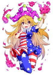Rule 34 | 1girl, american flag, american flag dress, american flag legwear, blonde hair, blush, breasts, clownpiece, dress, fairy wings, female focus, hand on own cheek, hand on own face, hat, highres, ishimu, jester cap, large breasts, long hair, looking at viewer, neck ruff, open mouth, pantyhose, polka dot, print dress, red eyes, short hair, short sleeves, simple background, smile, solo, star (symbol), striped clothes, striped dress, torch, touhou, very long hair, white background, wings