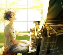 Rule 34 | 1boy, earrings, highres, indie virtual youtuber, instrument, jewelry, ksnagare, looking at viewer, male focus, music, playing instrument, playing piano, purple hair, shirt, short hair, shoto (vtuber), singing, stud earrings, t-shirt, virtual youtuber, white shirt