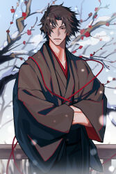 Rule 34 | 1boy, absurdres, black hair, black hakama, black haori, black kimono, fate/grand order, fate (series), hakama, hands in opposite sleeves, haori, haruakira, highres, hijikata toshizou (fate), japanese clothes, kimono, looking at viewer, male focus, outdoors, parted bangs, parted lips, red eyes, short hair, snow, solo, steam, wide sleeves