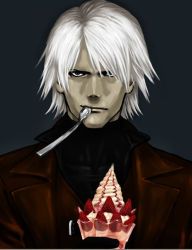 Rule 34 | 1boy, capcom, dante (devil may cry), devil may cry (series), food, fruit, gradient background, ice cream, male focus, solo, strawberry, sundae, tagme, white hair