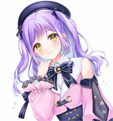 Rule 34 | 1girl, bare shoulders, beret, black bow, black hat, black skirt, bow, closed mouth, collared shirt, detached sleeves, dress shirt, dutch angle, hair bow, hand up, hat, highres, jacket, long hair, long sleeves, pink sleeves, puffy long sleeves, puffy sleeves, purple hair, shiao, shinomiya runa, shirt, simple background, skirt, sleeveless, sleeveless jacket, smile, solo, star (symbol), striped, striped bow, two side up, upper body, virtual youtuber, vspo!, white background, white jacket, white shirt, yellow eyes