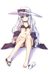 Rule 34 | 1girl, bad id, bad pixiv id, barefoot, bikini, bikini pull, black bikini, blue eyes, breasts, clothes pull, collarbone, commentary request, covered erect nipples, feet, female focus, full body, hat, head tilt, highres, long hair, looking at viewer, navel, scarf, side-tie bikini bottom, simple background, small breasts, solo, soulworker, stella unibell, swimsuit, tama (tamatamo), very long hair, wavy hair, white background