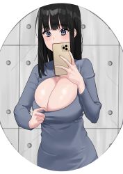 Rule 34 | 1girl, absurdres, black hair, blue eyes, blue sweater, blunt bangs, breasts, cellphone, cleavage, clothes pull, commentary, fffukuzawa, hand up, heart, heart in eye, highres, holding, holding phone, large breasts, long hair, looking at phone, original, phone, pulled by self, selfie, shirt pull, smartphone, solo, sweater, symbol-only commentary, symbol in eye, upper body