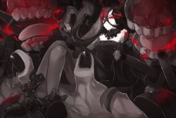 Rule 34 | 10s, 1girl, abyssal ship, bare shoulders, battleship water oni, black hair, black nails, bracelet, cannon, collar, colored skin, commentary request, crossed bangs, dress, elbow gloves, fuchiyoru (shirokutsu), gloves, glowing, glowing eyes, hair between eyes, high heels, horns, jewelry, kantai collection, long hair, looking at viewer, monochrome, nail polish, pantyhose, red eyes, single horn, sitting, sitting on person, sleeveless, sleeveless dress, solo, spiked bracelet, spiked collar, spikes, teeth, tongue, very long hair, white skin