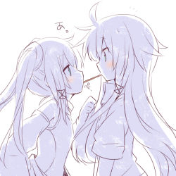 Rule 34 | 2girls, anceril sacred, bad id, bad pixiv id, blush, ciel sacred, eye contact, flat chest, food, long hair, looking at another, mishima kurone, monochrome, multiple girls, original, pocky, pocky kiss, shared food, siblings, simple background, sisters, very long hair, white background, yuri