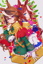 Rule 34 | 2girls, animal ears, ascot, asymmetrical gloves, brown hair, buttons, cape, closed mouth, double-breasted, earrings, epaulettes, gloves, grey jacket, highres, horse ears, horse girl, jacket, jewelry, kafuki fuka, long hair, looking at viewer, medal, mismatched gloves, multicolored hair, multiple girls, pink ascot, red cape, single earring, single epaulette, streaked hair, symboli rudolf (umamusume), teeth, tokai teio (umamusume), umamusume, very long hair, white ascot, white gloves, white jacket